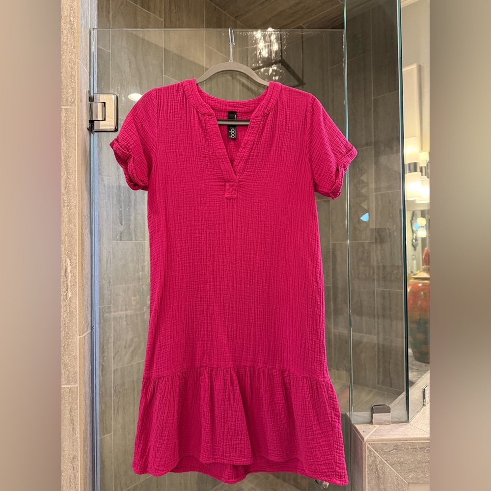 Bobi Vibrant Magenta Gauze V-Neck Drop Waist Dress